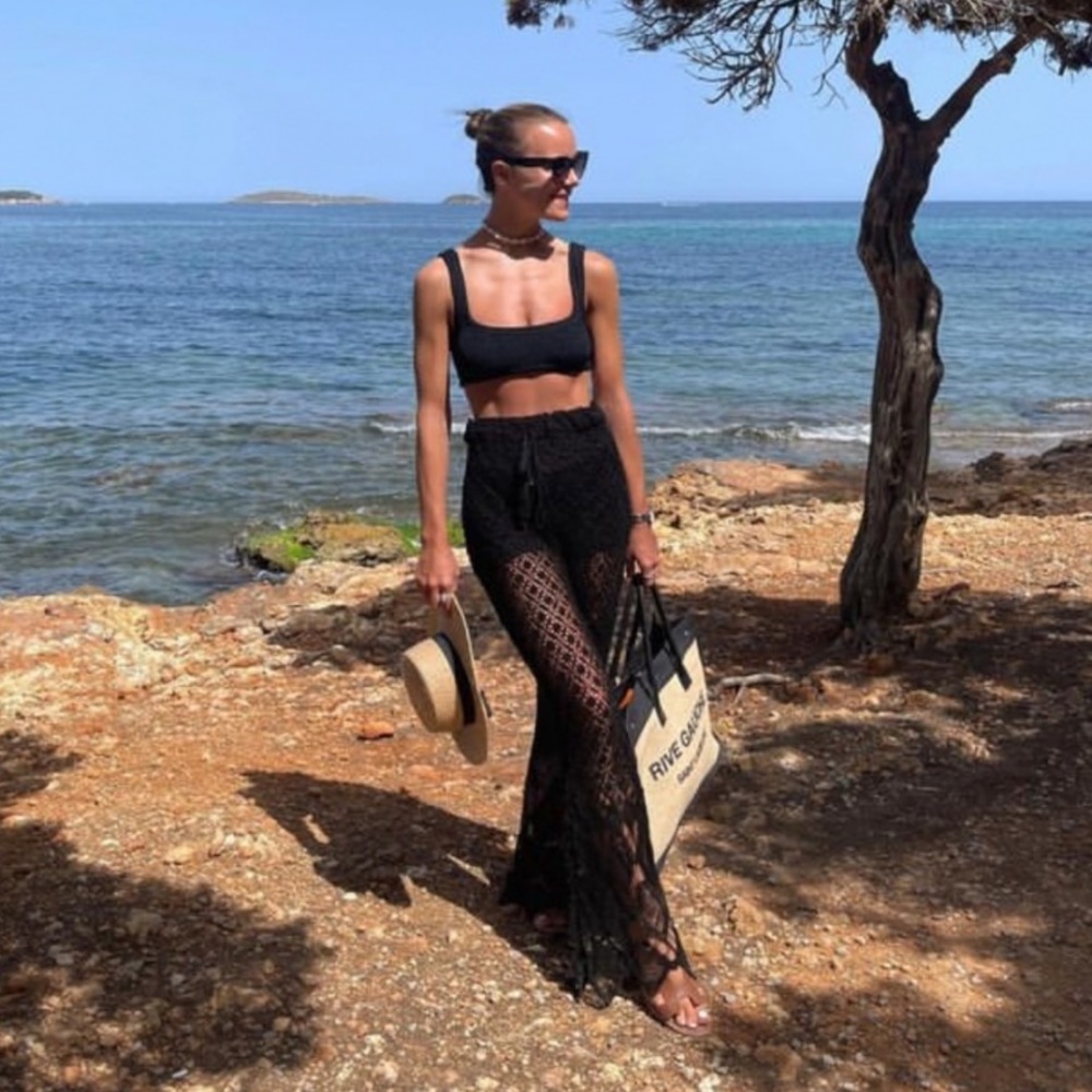 Zara crochet flared knit pants with tassels and beads